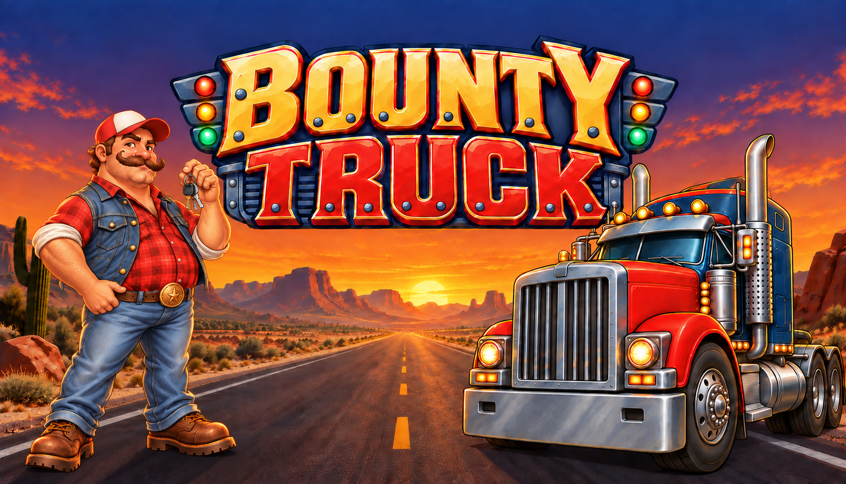 Bounty Truck: a truck driver and red semi-truck on a desert highway at sunset